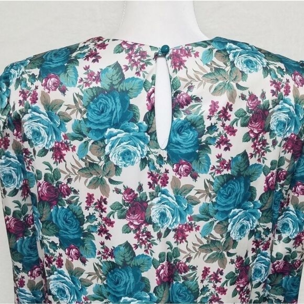 80s Vintage Classic Apparel Teal Cabbage Rose Pleated Quarter Sleeve Midi Dress - Picture 11 of 15